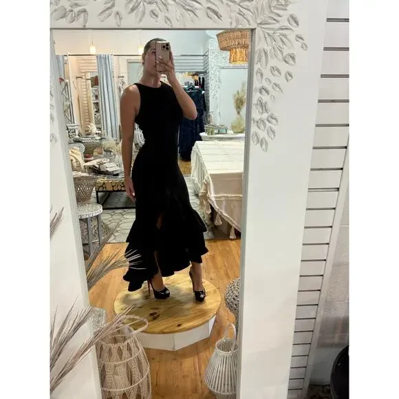 Betsy & Adam Arielle Scuba Crepe Ruffle Slit Asymmetrical Maxi Gown Black Size 8 - Picture 11 of 12